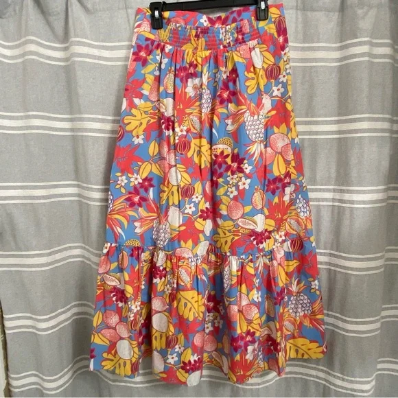 TALBOTS / Fruits and Flowers Poplin Tiered Maxi Skirt Pullon Size M - Picture 3 of 12